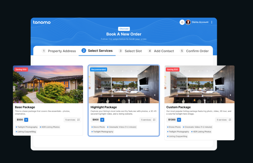 Tonomo booking flow with service packages and upsells